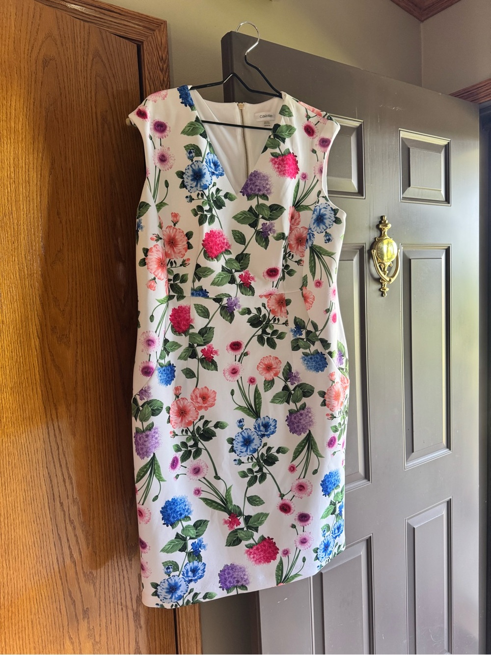 Calvin Klein White Midi Dress with Pink, Blue, Purple & Green Floral Print